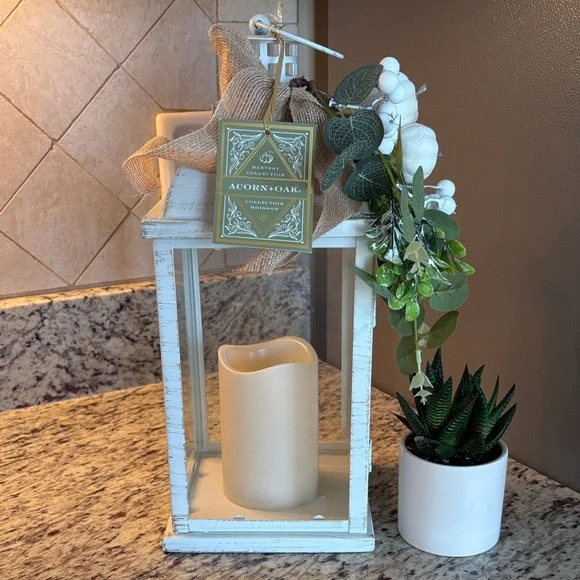 Rustic White Lantern with Greenery and Candle - Picture 3 of 6